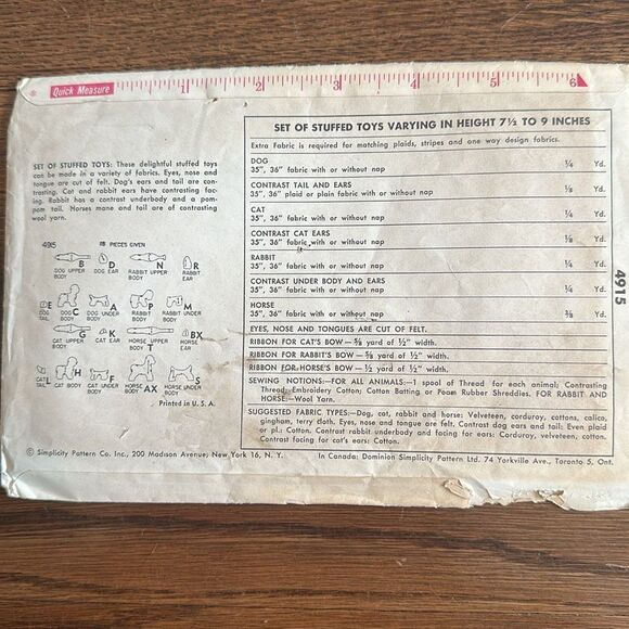 Vintage 50s/60s Simplicity 4915 Stuffed Animals Sewing Pattern - Picture 2 of 4